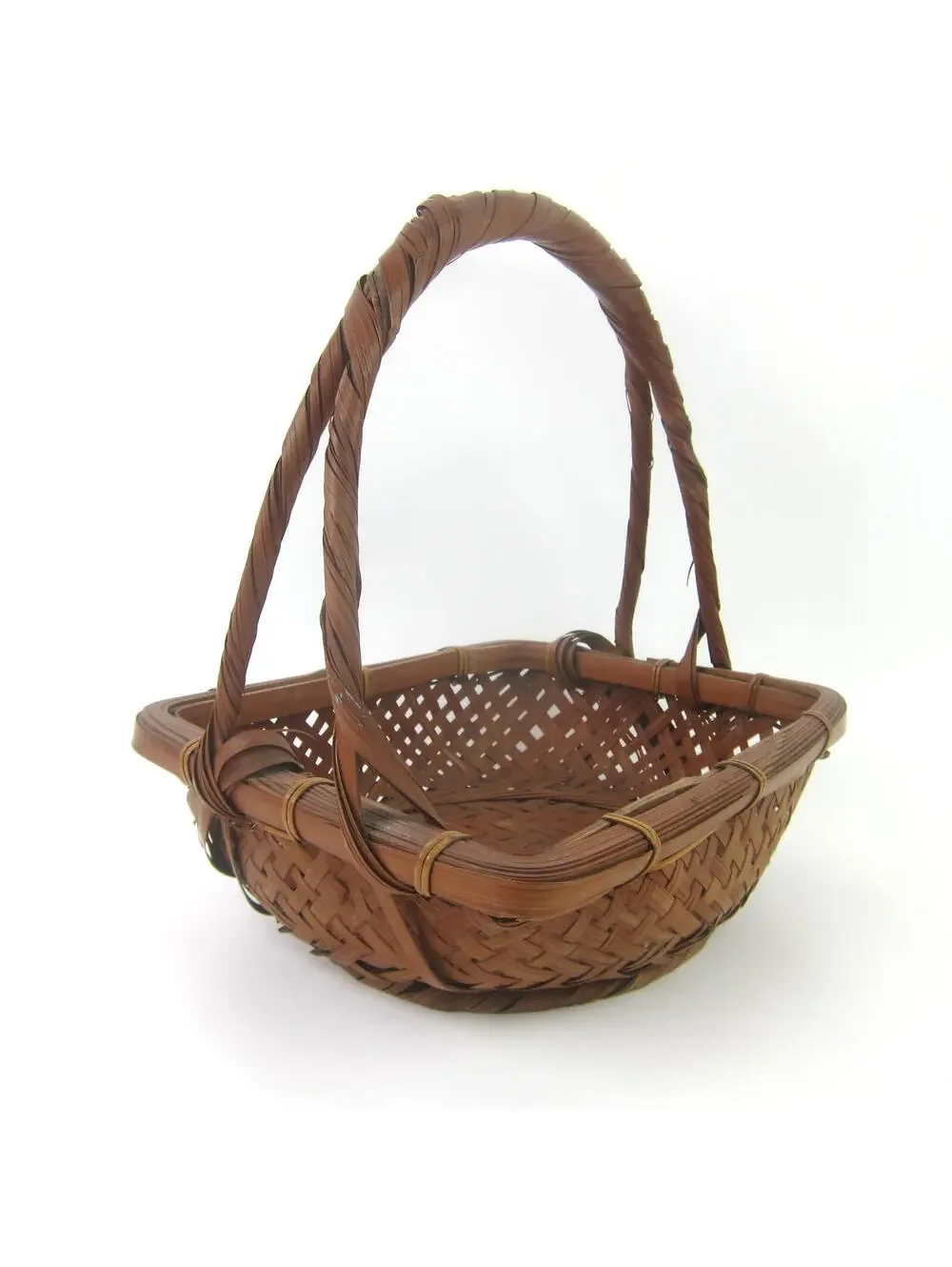 Japanese Ikebana Woven Bamboo Flower Basket 10x7 Rectangle Handle Vintage 1930s